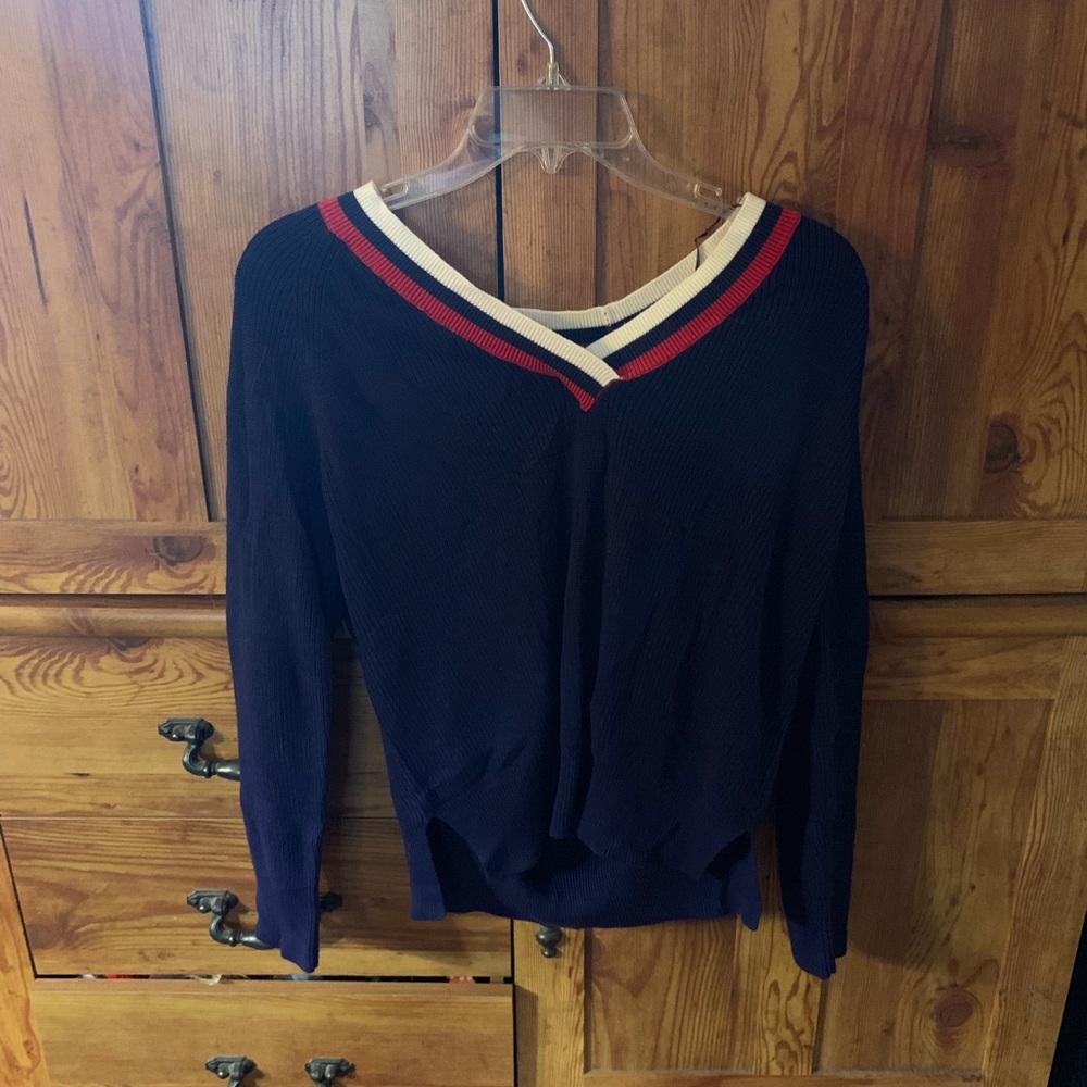 garage red white and blue sweater